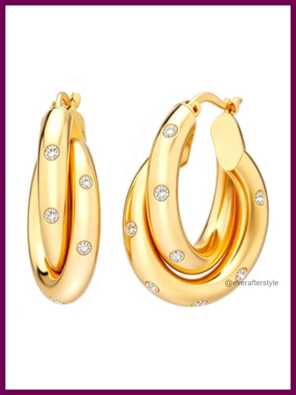 14K Gold Plated Double Layer Oval Hoop Earrings Cubic Zirconia Huggie